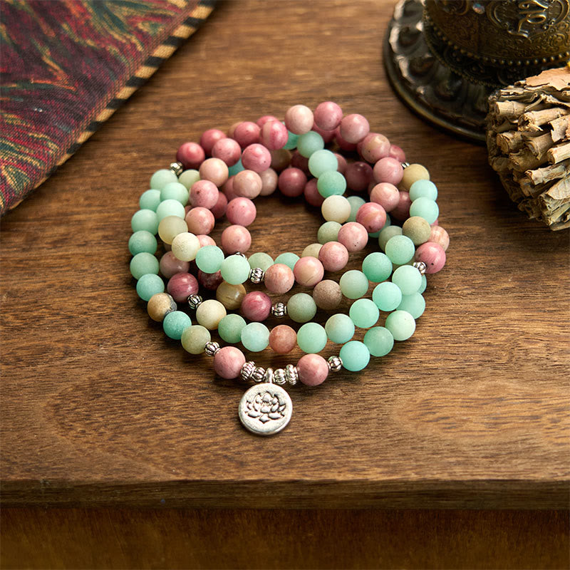 108 Mala Beads Rhodonite Amazonite Lotus Healing Bracelet