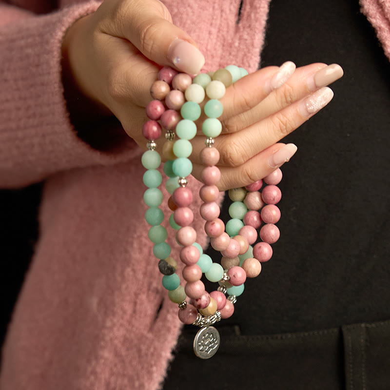 108 Mala Beads Rhodonite Amazonite Lotus Healing Bracelet