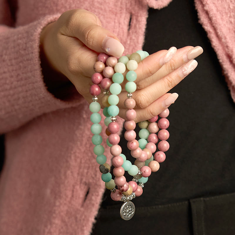 108 Mala Beads Rhodonite Amazonite Lotus Healing Bracelet
