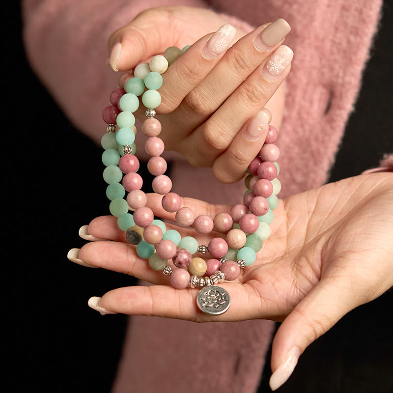 108 Mala Beads Rhodonite Amazonite Lotus Healing Bracelet