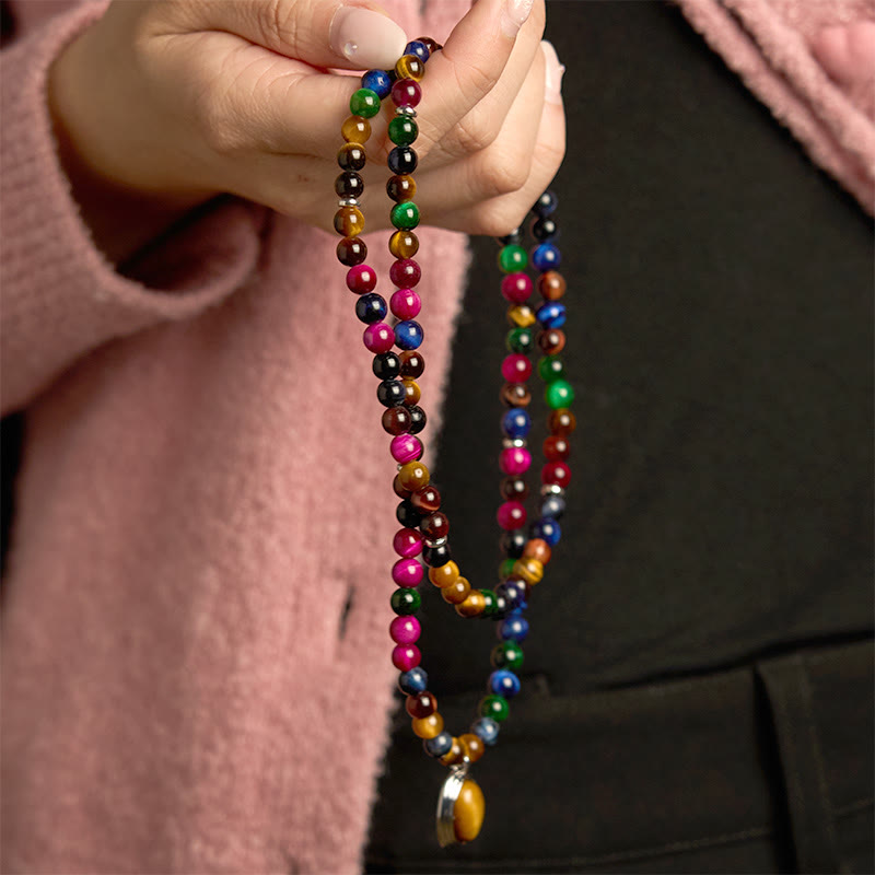 Natural 108 Mala Beads Colorful Blue Red and Green Tiger Eye Multi-Wrap Bracelet
