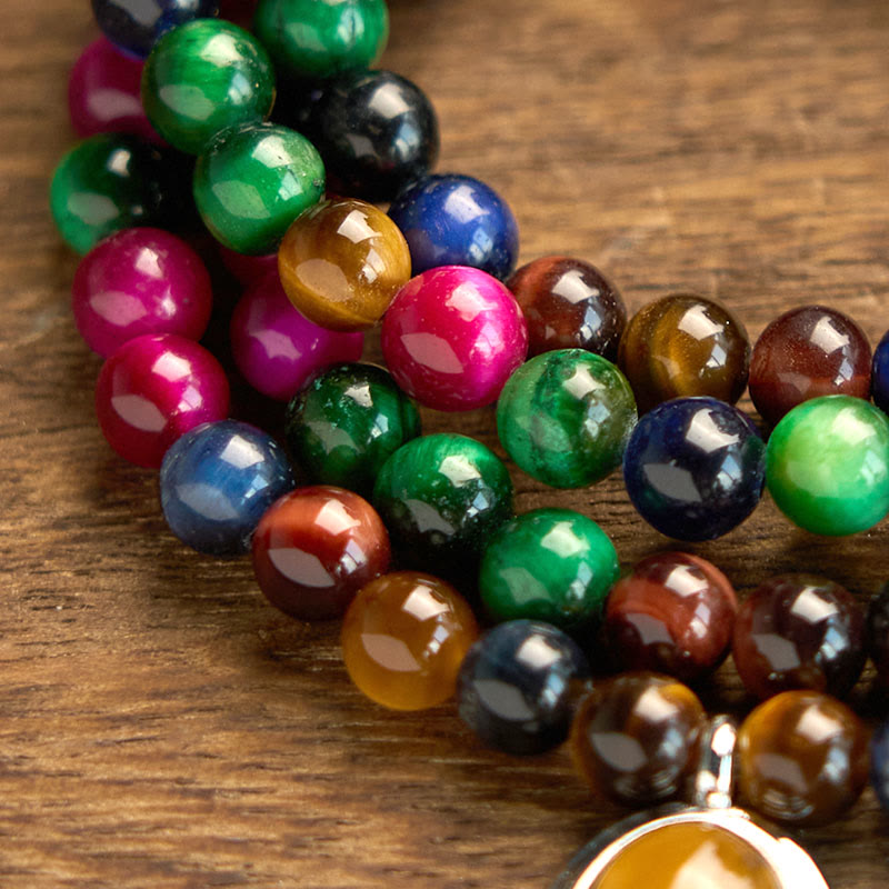 Natural 108 Mala Beads Colorful Blue Red and Green Tiger Eye Multi-Wrap Bracelet