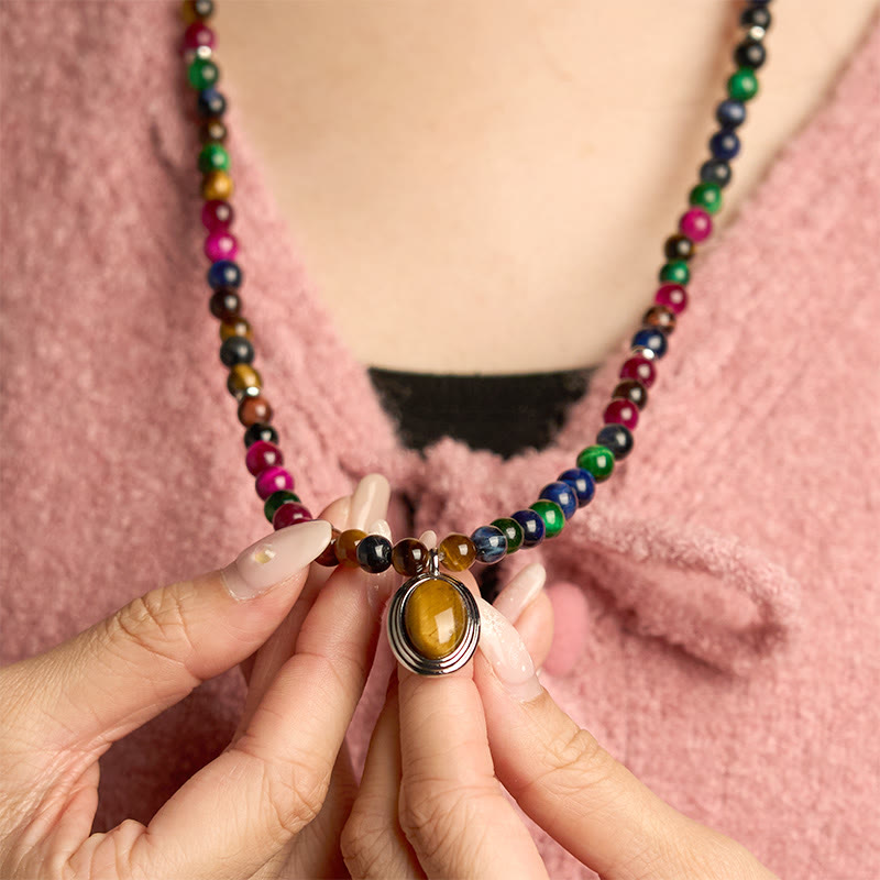 Natural 108 Mala Beads Colorful Blue Red and Green Tiger Eye Multi-Wrap Bracelet