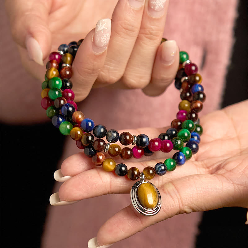 Natural 108 Mala Beads Colorful Blue Red and Green Tiger Eye Multi-Wrap Bracelet
