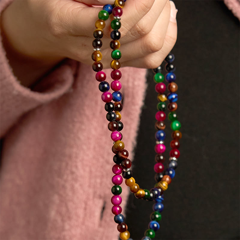 Natural 108 Mala Beads Colorful Blue Red and Green Tiger Eye Multi-Wrap Bracelet
