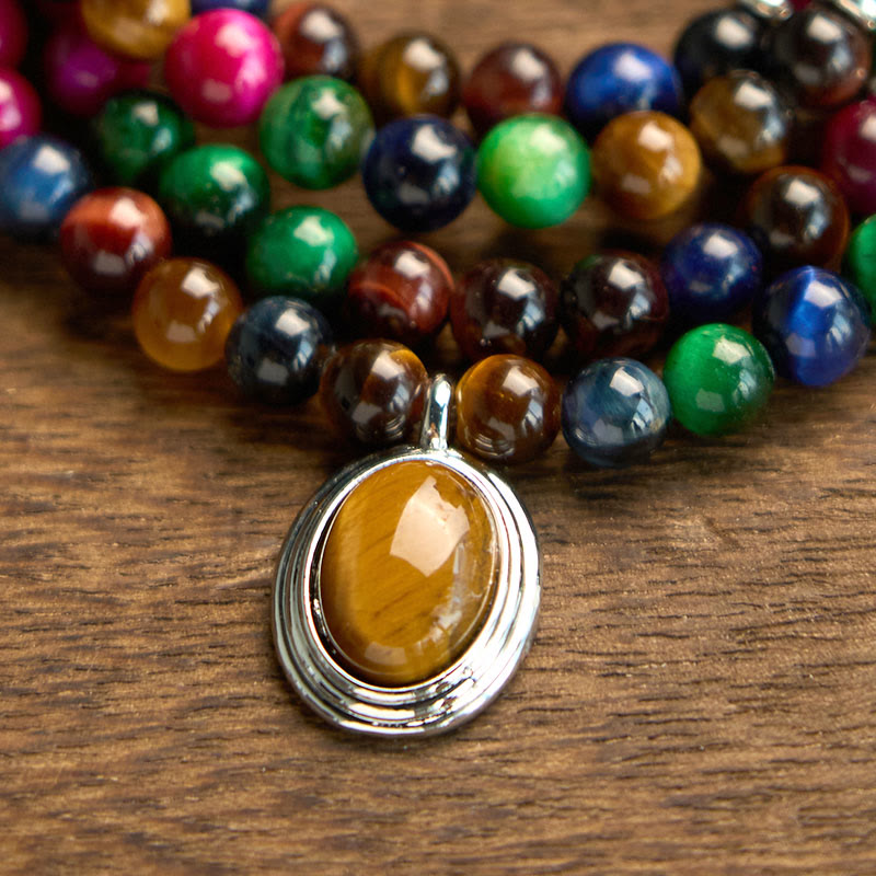 Natural 108 Mala Beads Colorful Blue Red and Green Tiger Eye Multi-Wrap Bracelet