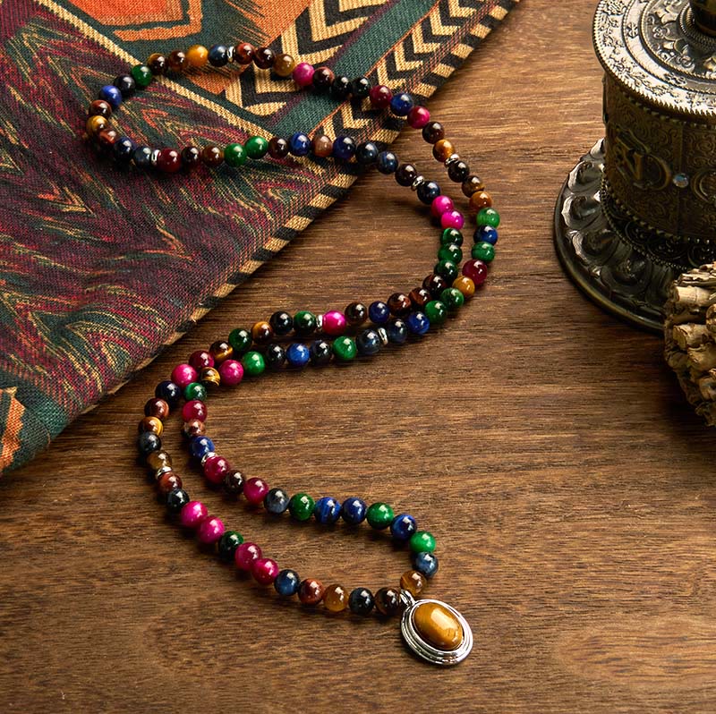 Natural 108 Mala Beads Colorful Blue Red and Green Tiger Eye Multi-Wrap Bracelet