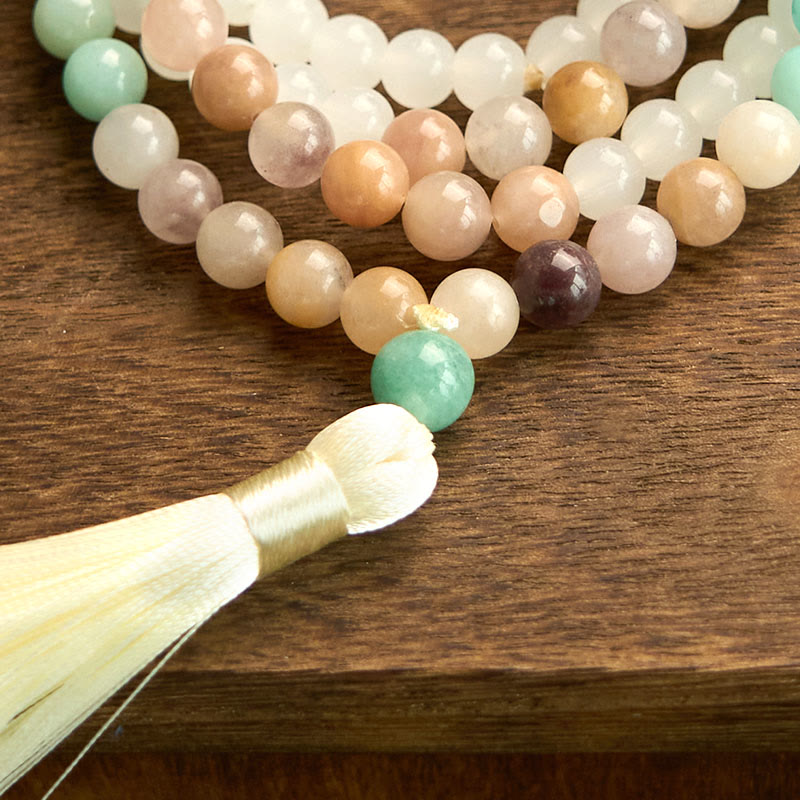 108 Beads Natural Amazonite and White Jade Mala Tassel Bracelet