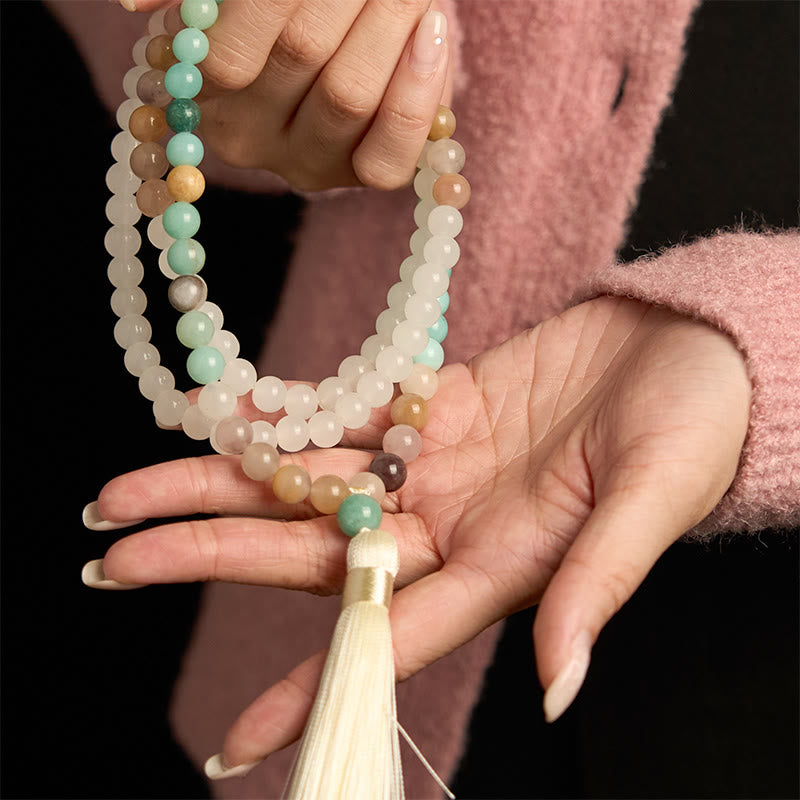 108 Beads Natural Amazonite and White Jade Mala Tassel Bracelet