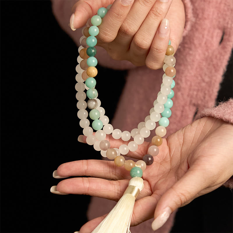 108 Beads Natural Amazonite and White Jade Mala Tassel Bracelet
