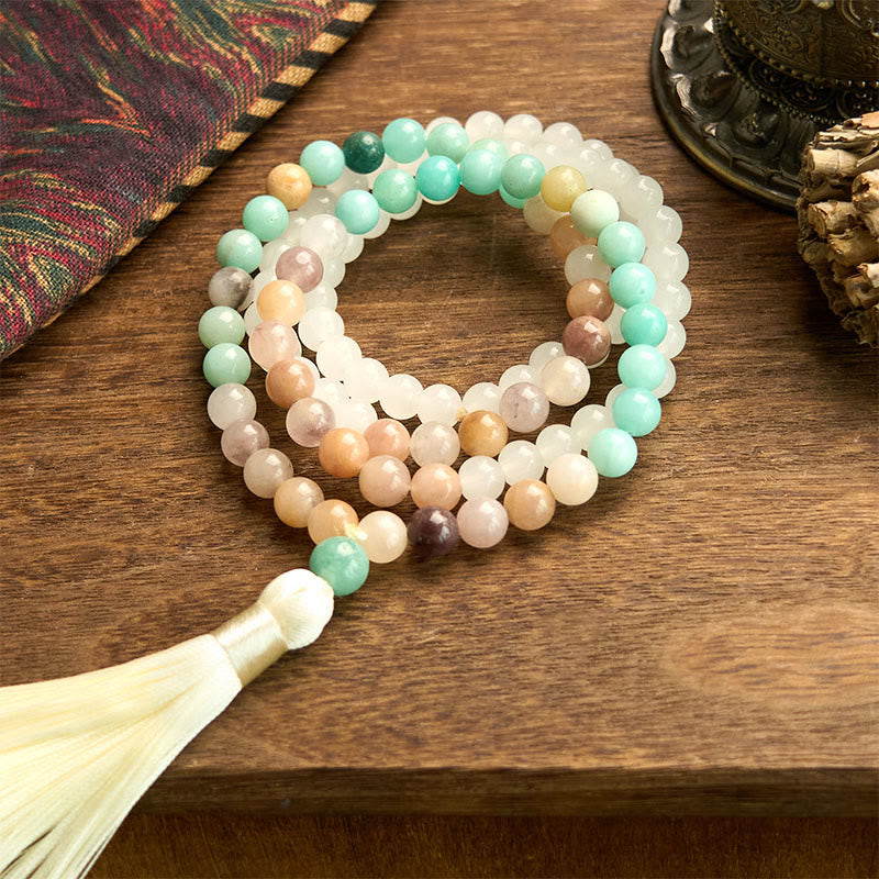 108 Beads Natural Amazonite and White Jade Mala Tassel Bracelet