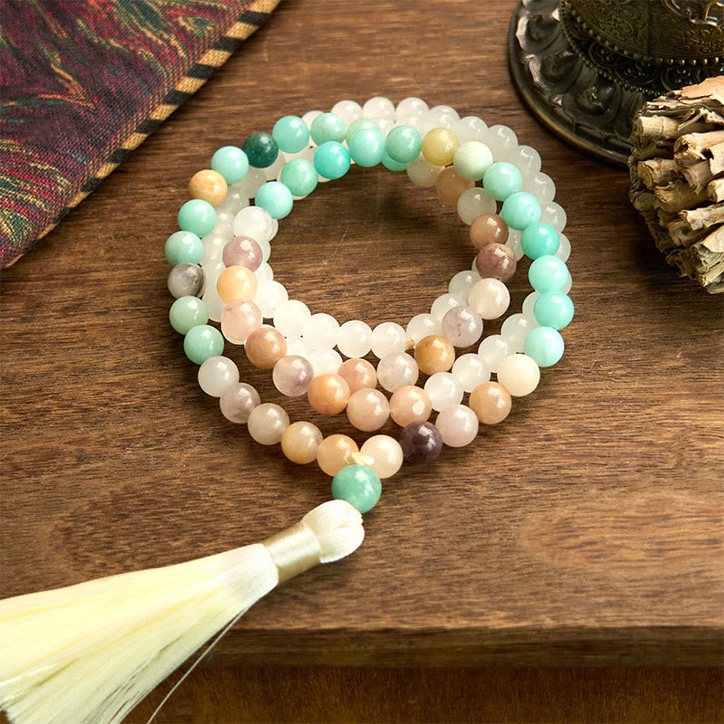 108 Beads Natural Amazonite and White Jade Mala Tassel Bracelet