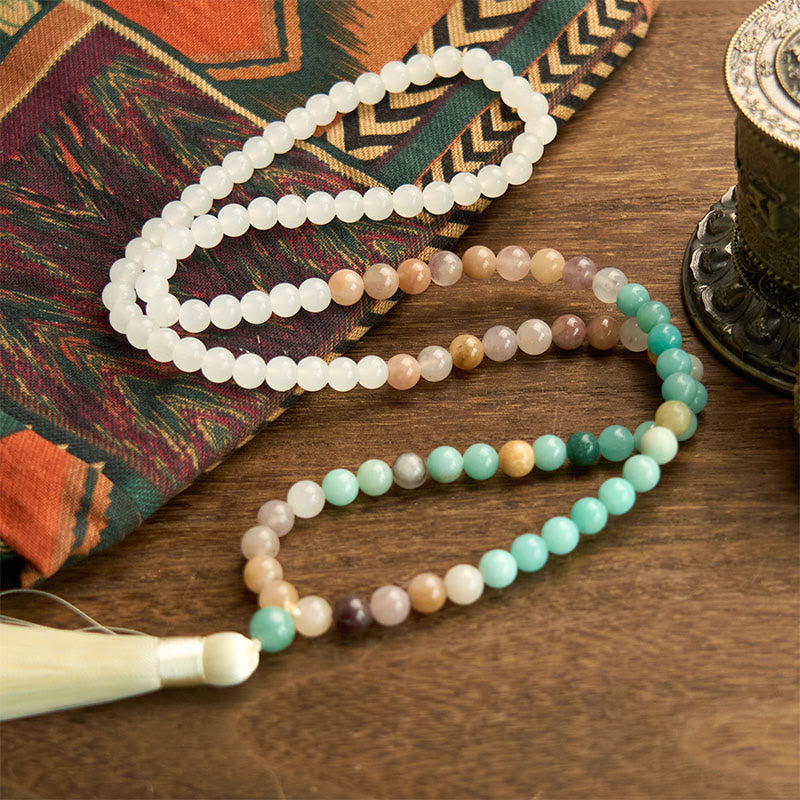 108 Beads Natural Amazonite and White Jade Mala Tassel Bracelet