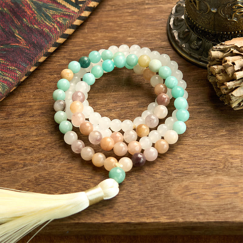 108 Beads Natural Amazonite and White Jade Mala Tassel Bracelet