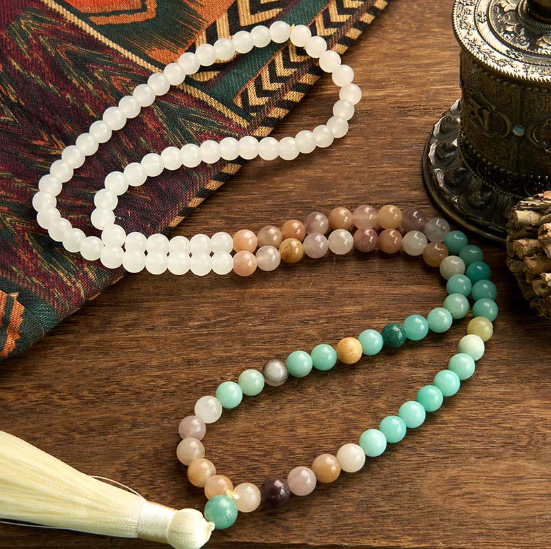 108 Beads Natural Amazonite and White Jade Mala Tassel Bracelet