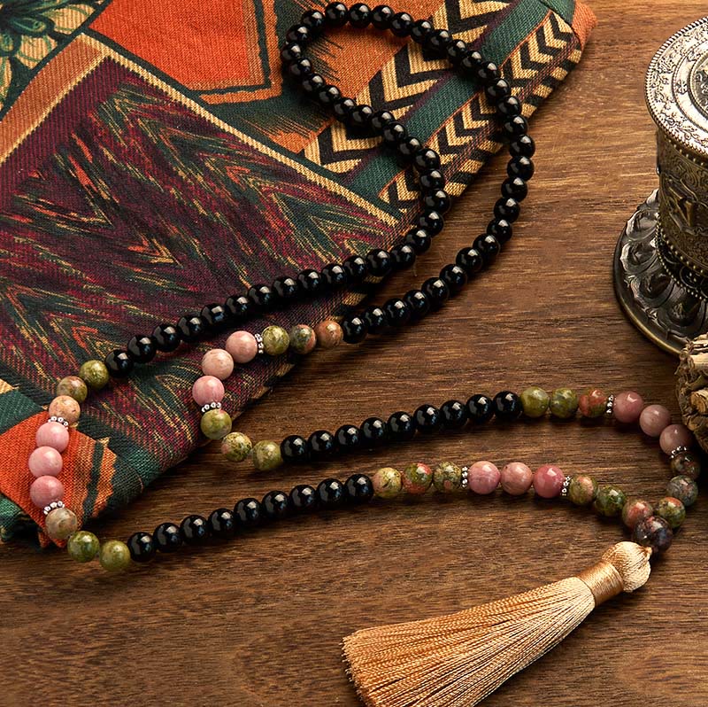 108 Mala Beads Black Jasper Rhodonite Khaki Tassel Healing Bracelet