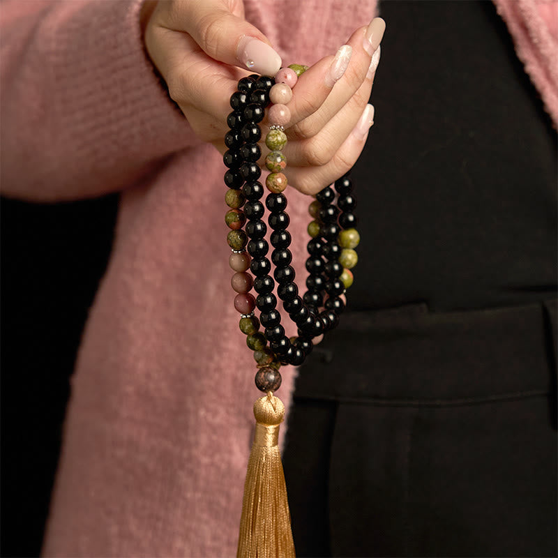 108 Mala Beads Black Jasper Rhodonite Khaki Tassel Healing Bracelet