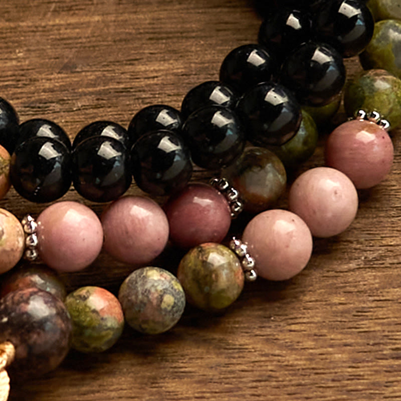 108 Mala Beads Black Jasper Rhodonite Khaki Tassel Healing Bracelet