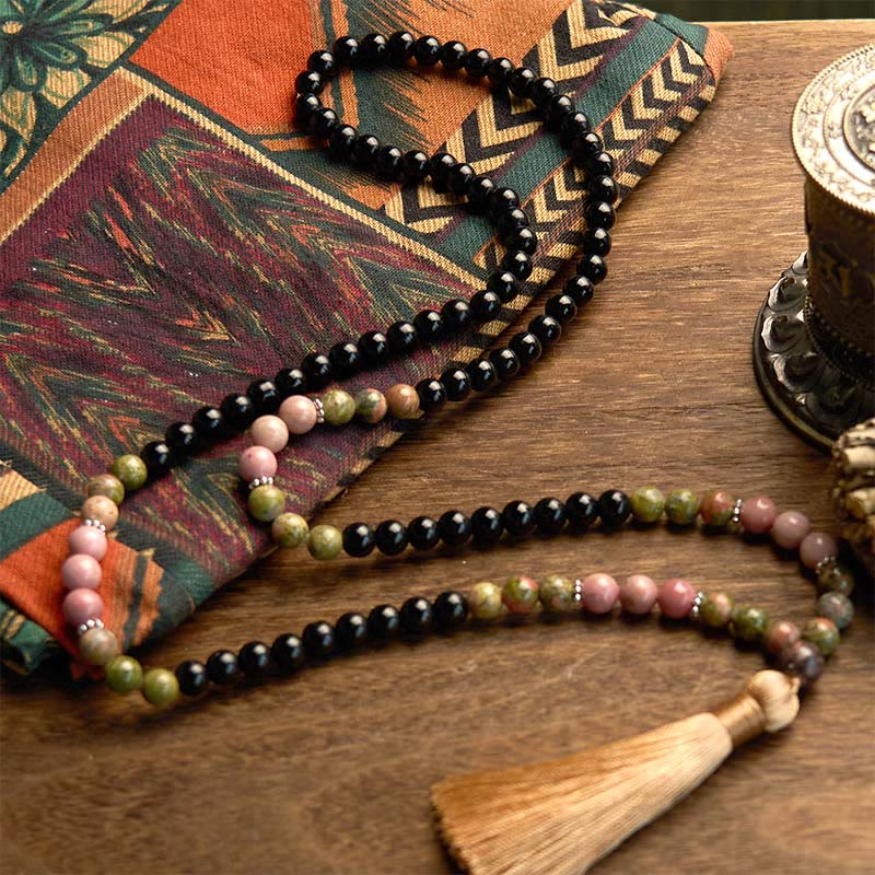 108 Mala Beads Black Jasper Rhodonite Khaki Tassel Healing Bracelet