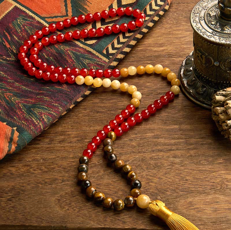 108 Mala Beads Red Agate and Tiger Eye Meditation Bracelet with Yellow Tassel