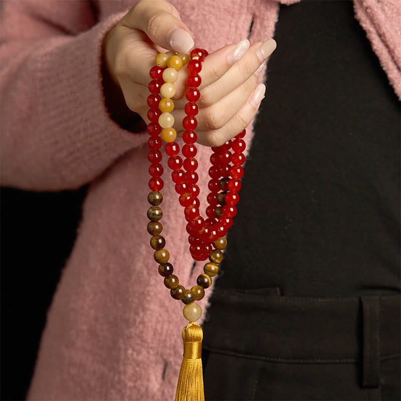 108 Mala Beads Red Agate and Tiger Eye Meditation Bracelet with Yellow Tassel