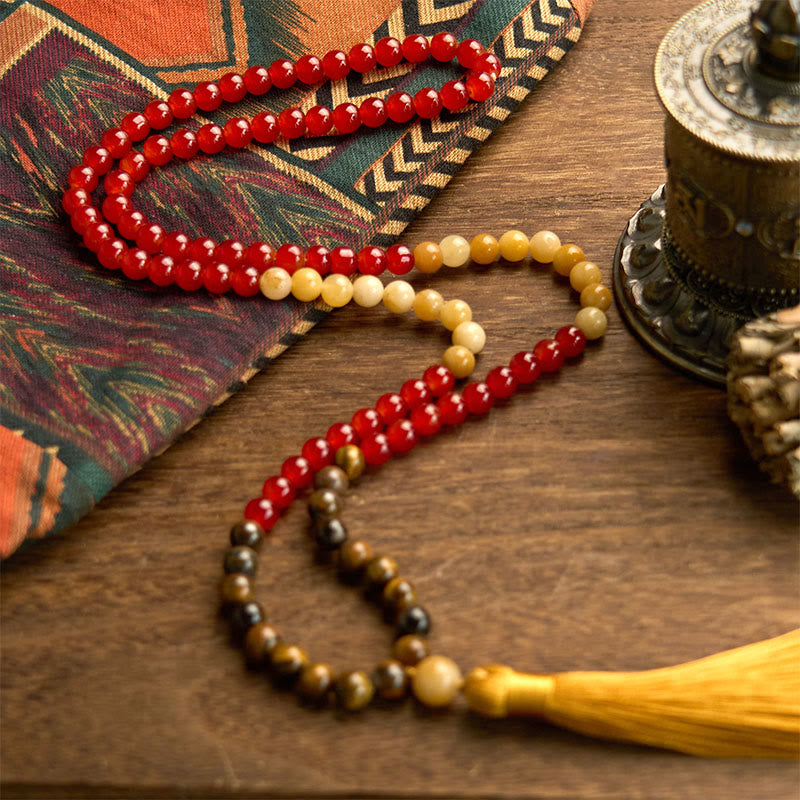 108 Mala Beads Red Agate and Tiger Eye Meditation Bracelet with Yellow Tassel