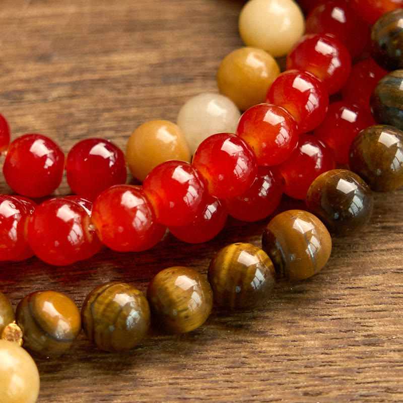 108 Mala Beads Red Agate and Tiger Eye Meditation Bracelet with Yellow Tassel