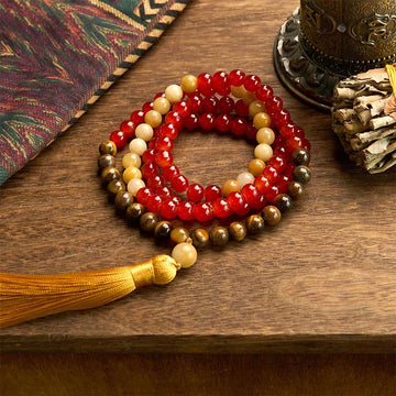 108 Mala Beads Red Agate and Tiger Eye Meditation Bracelet with Yellow Tassel