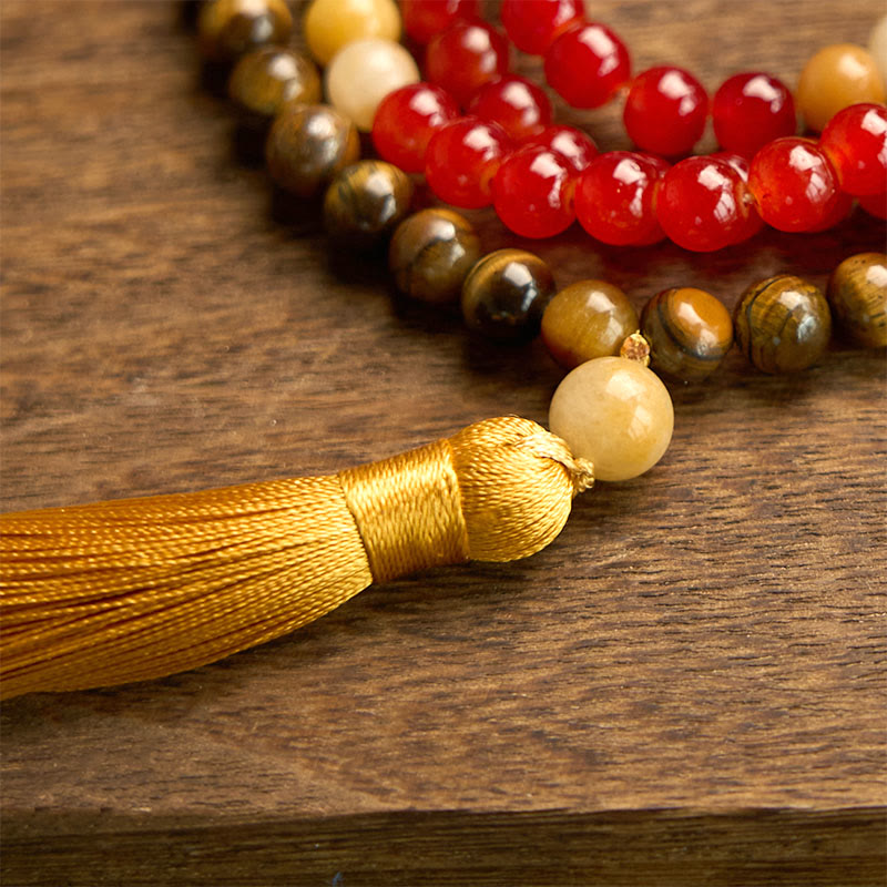 108 Mala Beads Red Agate and Tiger Eye Meditation Bracelet with Yellow Tassel