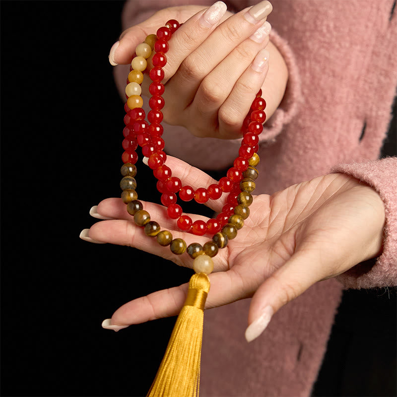 108 Mala Beads Red Agate and Tiger Eye Meditation Bracelet with Yellow Tassel