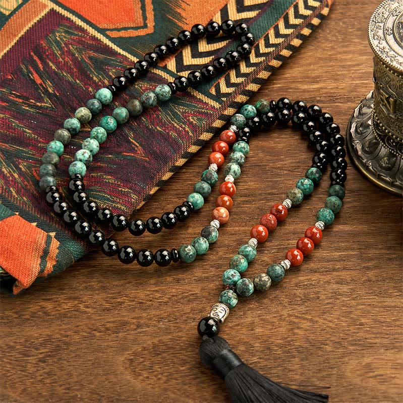 108 Mala Natural Black Onyx Red Jasper Turquoise Beads Buddha Head Tassel Protection Bracelet