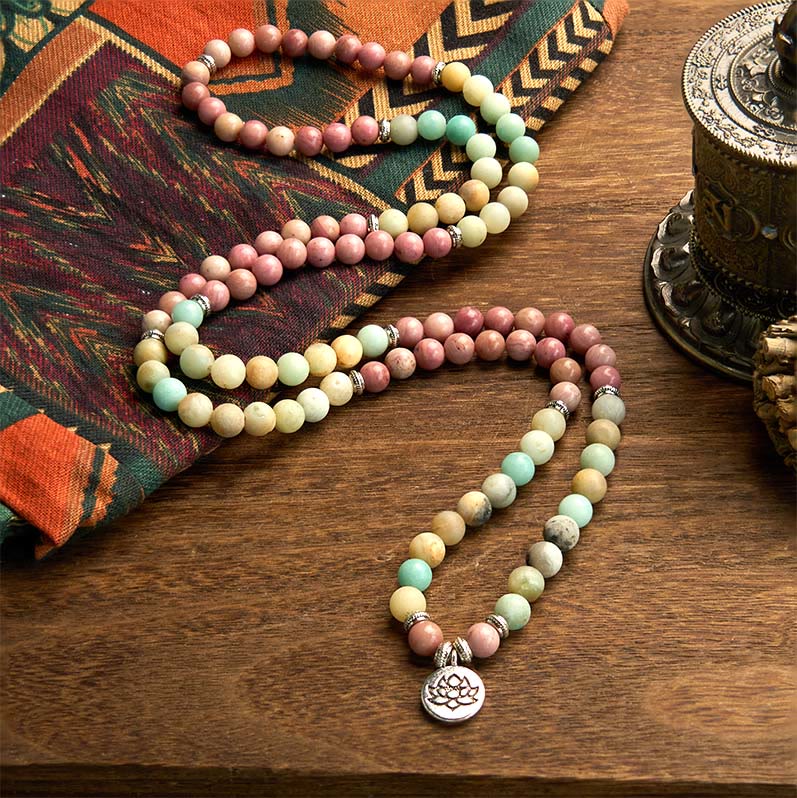 108 Mala Rhodonite Amazonite Beads Lotus Compassion Bracelet
