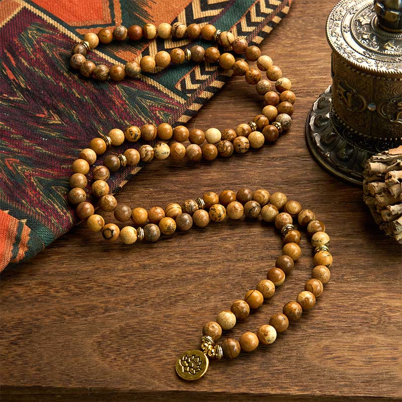 108 Beads Picture Jasper Mala Lotus Charm Meditation Bracelet
