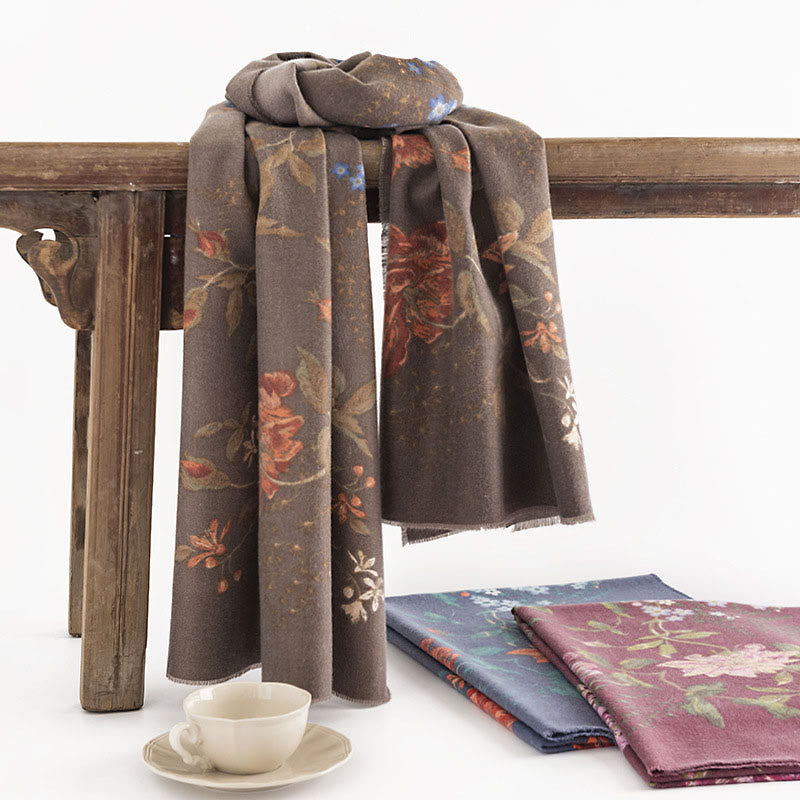 Tibetan Multiflora Rose Print Pattern Design Shawl Fall Winter Cozy Warm Scarf Wrap