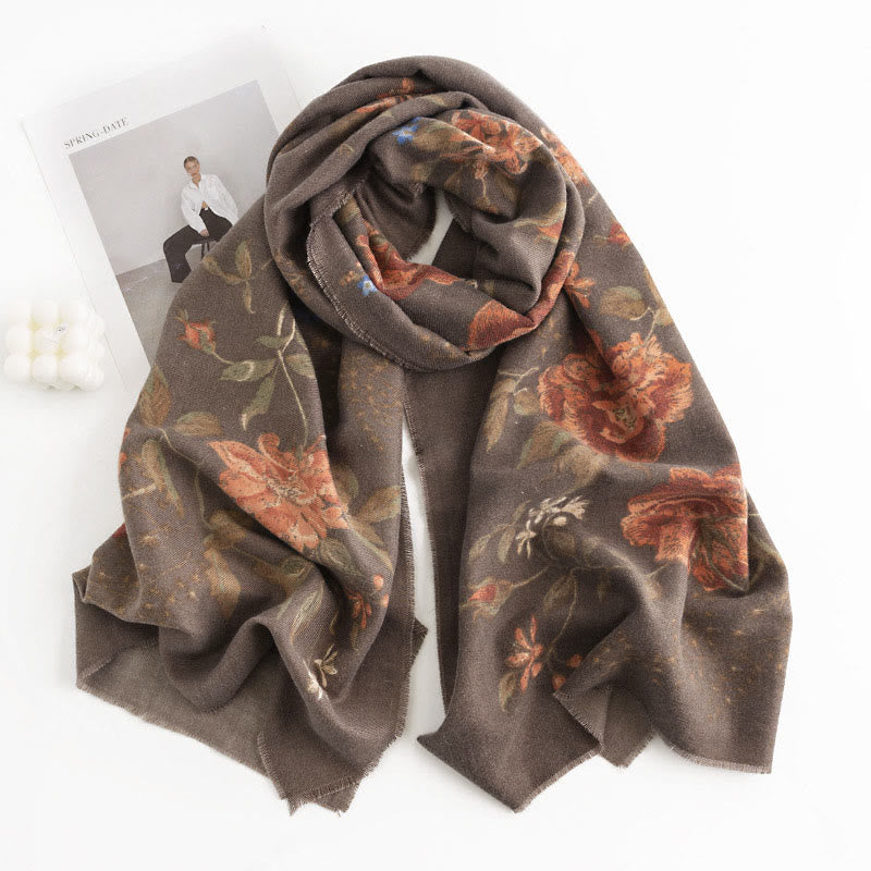 Tibetan Multiflora Rose Print Pattern Design Shawl Fall Winter Cozy Warm Scarf Wrap