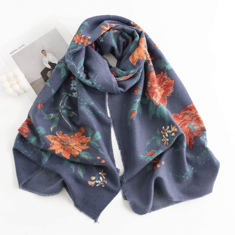 Tibetan Multiflora Rose Print Pattern Design Shawl Fall Winter Cozy Warm Scarf Wrap