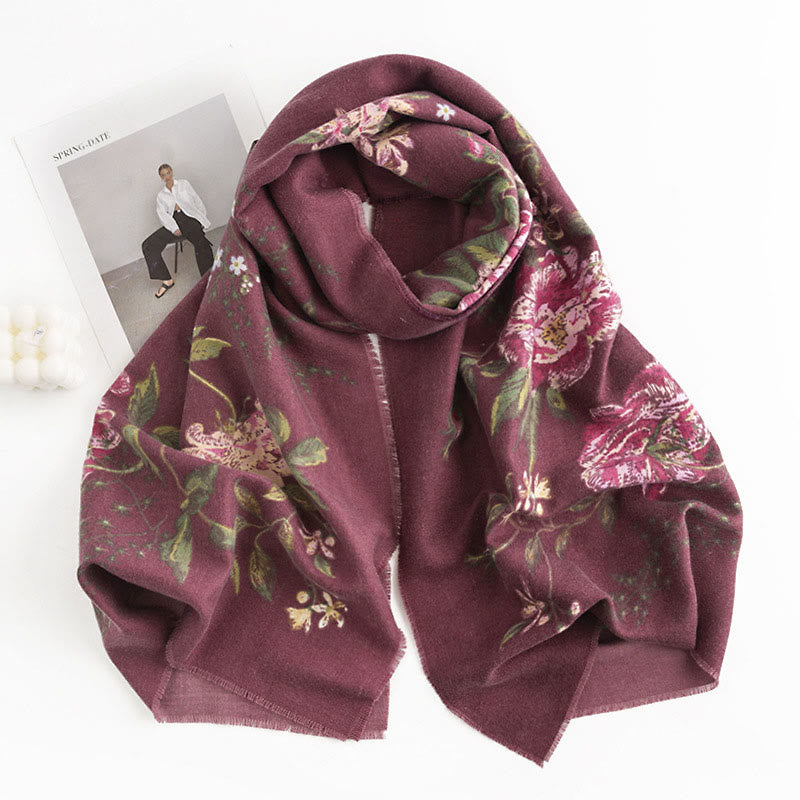 Tibetan Multiflora Rose Print Pattern Design Shawl Fall Winter Cozy Warm Scarf Wrap