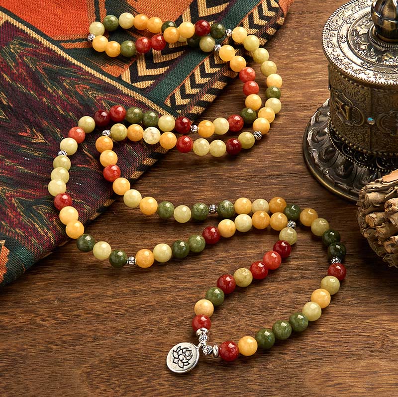 108 Mala Beads Natural Topaz Red Jasper & Green Jasper Lotus Pendant Bracelet