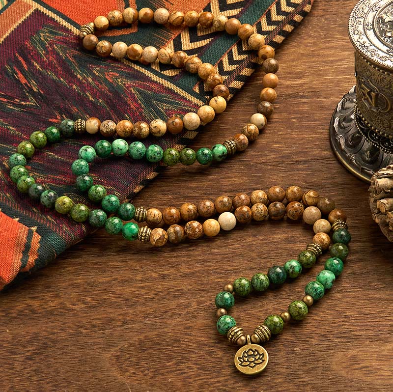 108 Mala Beads Natural Stone Picture Jasper Turquoise Lotus Positive Bracelet
