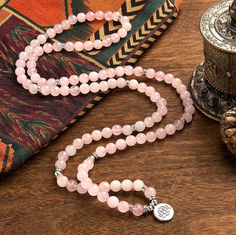 108 Mala Beads Natural Stone Rose Quartz Lotus Peace Bracelet