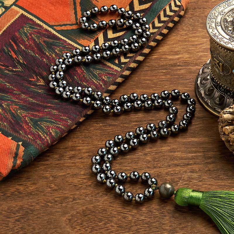 Natural Hematite 108 Mala Beads Bracelet with Green Tassel for Meditation