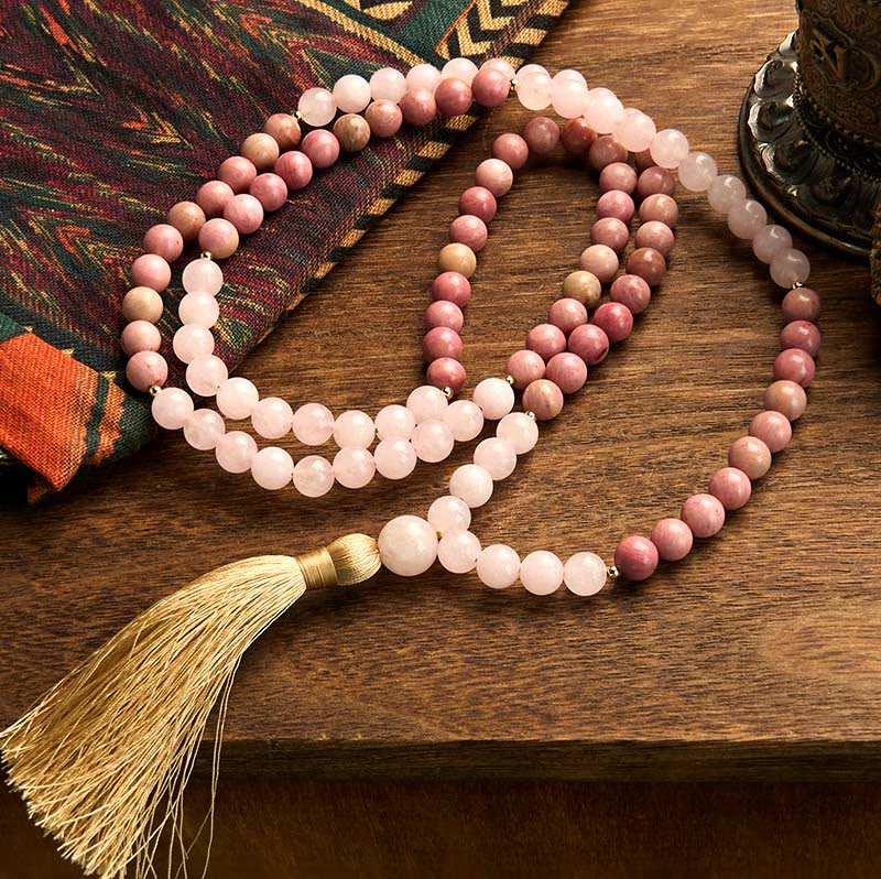 108 Mala Beads Rhodonite Rose Quartz Tassel Healing Bracelet