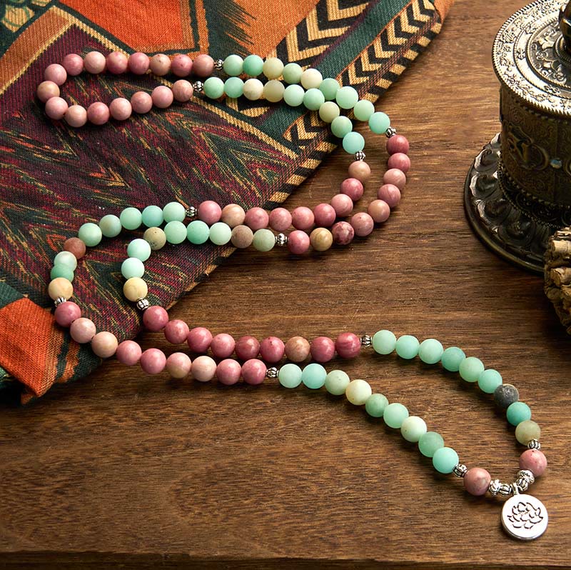 108 Mala Beads Rhodonite Amazonite Lotus Healing Bracelet
