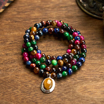 Natural 108 Mala Beads Colorful Blue Red and Green Tiger Eye Multi-Wrap Bracelet