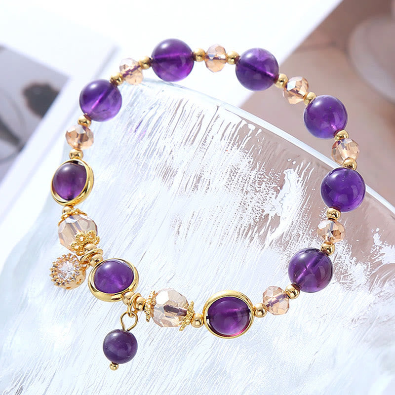 Natural Amethyst and Clear Quartz Geometric Bracelet with Gold and Copper Accents