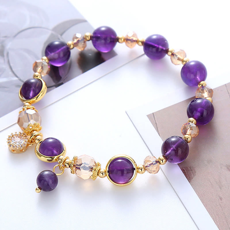 Natural Amethyst and Clear Quartz Geometric Bracelet with Gold and Copper Accents