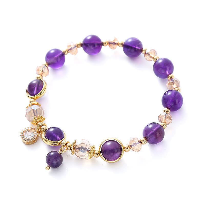 Natural Amethyst and Clear Quartz Geometric Bracelet with Gold and Copper Accents