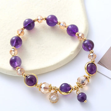 Natural Amethyst and Clear Quartz Geometric Bracelet with Gold and Copper Accents