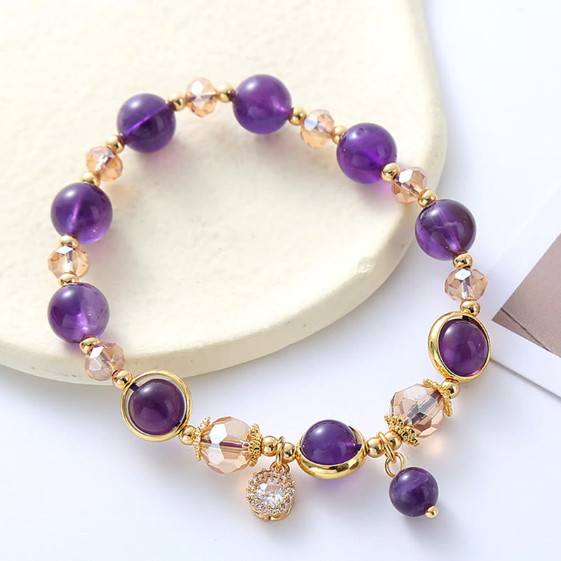Natural Amethyst and Clear Quartz Geometric Bracelet with Gold and Copper Accents