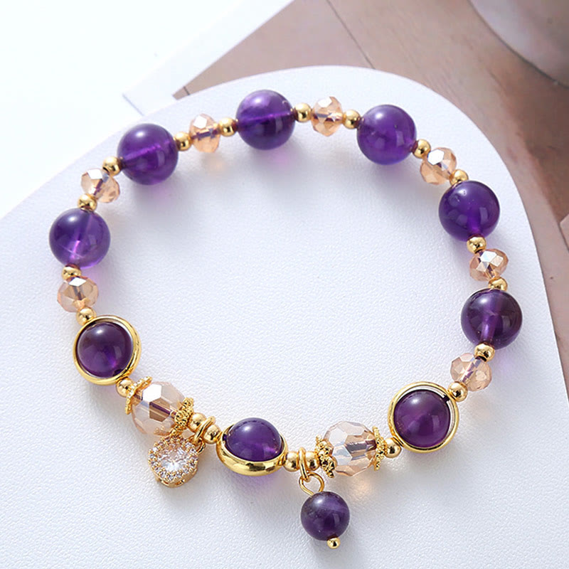Natural Amethyst and Clear Quartz Geometric Bracelet with Gold and Copper Accents
